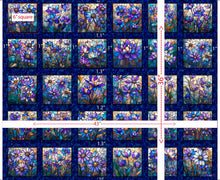 Load image into Gallery viewer, Stained glass pattern with floral designs on a blue background, showing measurements.