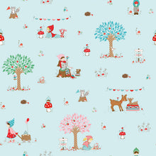 Load image into Gallery viewer, Patterned fabric with illustrations of trees, animals, and characters on an aqua background.