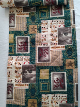 Load image into Gallery viewer, A reversible table runner with a Christmas-themed pattern featuring a variety of holiday motifs such as stars and Christmas trees, primarily in red, blue, and yellow hues, with metallic gold accents.