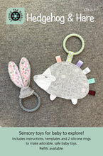 Load image into Gallery viewer, Hedgehog and Hare baby toys and teething rings pattern with templates