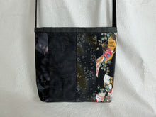 Load image into Gallery viewer, Black, gold, multicolor, and gray gusseted tote bag or iPad sleeve or purse, key fob and interior pocket
