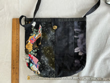 Load image into Gallery viewer, Black, gold, multicolor, and gray gusseted tote bag or iPad sleeve or purse, key fob and interior pocket