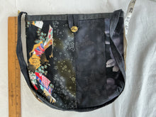 Load image into Gallery viewer, Black, gold, multicolor, and gray gusseted tote bag or iPad sleeve or purse, key fob and interior pocket