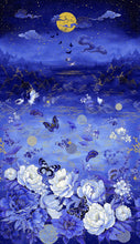 Load image into Gallery viewer, Futuristic landscape with flowers, butterflies, and a moonlit sky.