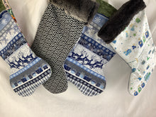 Load image into Gallery viewer, Bah hum Pug and kitty Silver and Blue stocking sewn by Pat