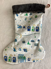 Load image into Gallery viewer, Bah hum Pug and kitty Silver and Blue stocking sewn by Pat