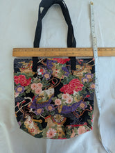 Load image into Gallery viewer, Black, gold, multicolor, and gray gusseted tote bag or iPad sleeve or purse, key fob and interior zipped pocket