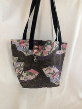 Load image into Gallery viewer, Black, gold, multicolor, gusseted tote bag or iPad sleeve or purse, key fob and interior pocket purple cranes
