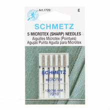 Load image into Gallery viewer, Packaging of Schmetz Sharp / Microtex Machine Needles, size 10/70, showing 5 needles, branding, and product information.