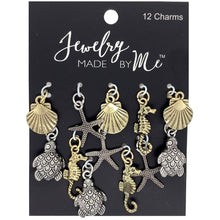 Load image into Gallery viewer, A collection of detailed metal charms with a sea life theme, including a starfish, seashell, seahorse, and sea turtle.
