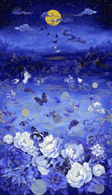 Load image into Gallery viewer, Futuristic landscape with blue flowers, butterflies, and a yellow moon.
