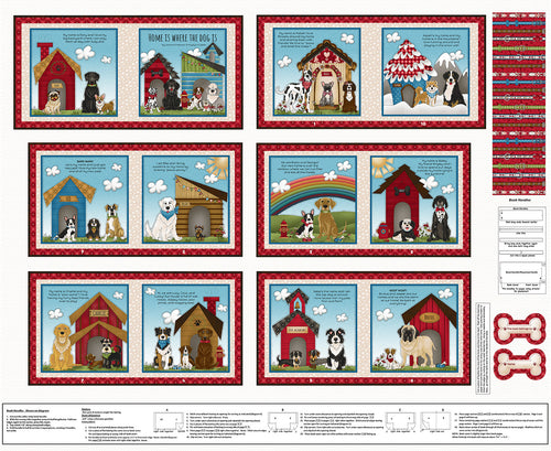 Collection of dog-themed fabric panels with illustrations and text on a white background.