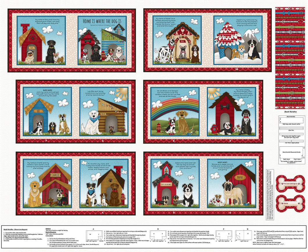 Collection of dog-themed fabric panels with illustrations and text on a white background.