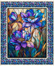 Load image into Gallery viewer, Stained glass art fabric panel of purple flowers with a colorful border
