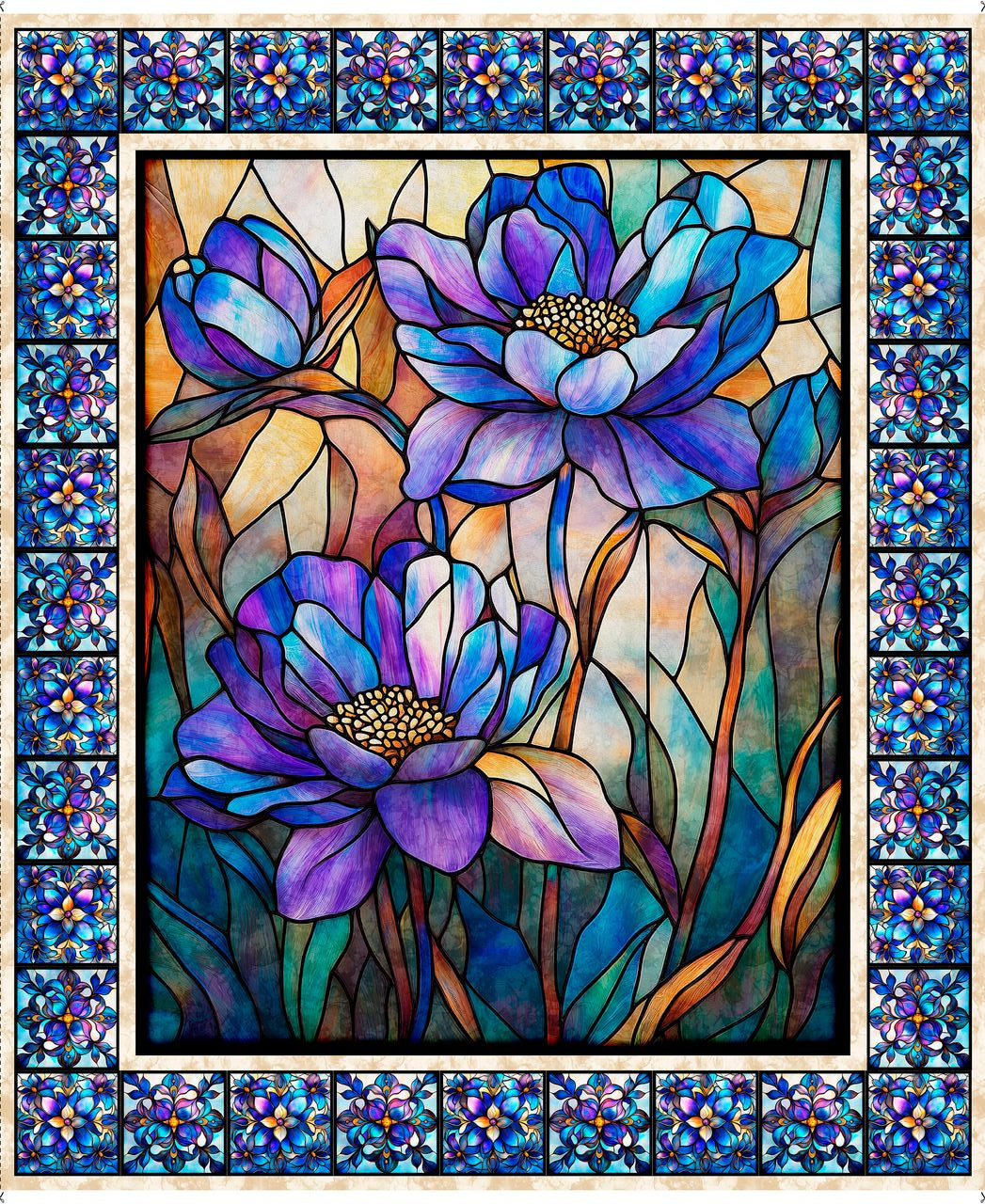 Stained glass art fabric panel of purple flowers with a colorful border