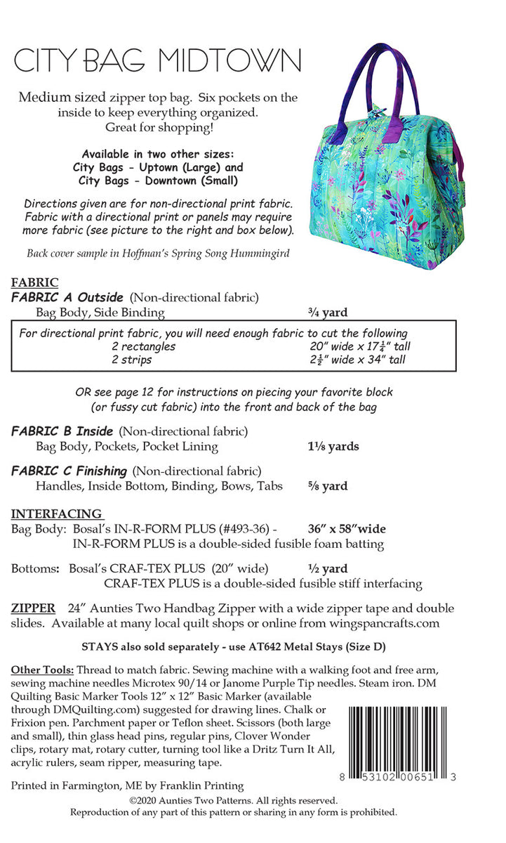 City Bag Midtown Sewing Pattern from Aunties Two | Pat on the Back