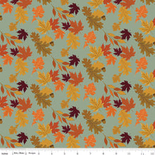 Load image into Gallery viewer, Pattern of autumn leaves on a green background with a ruler at the bottom.
