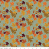 Pattern of autumn leaves on a green background with a ruler at the bottom.