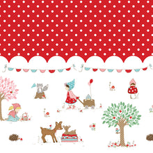 Load image into Gallery viewer, Children's illustration with a red polka dot center, featuring a girl with animals, trees, and decorations in a forest setting.

