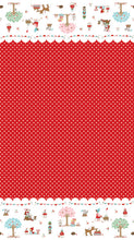 Load image into Gallery viewer, Red fabric with white polka dots and woodland themed border
