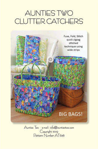 Promotional image of colorful bags with text about 'Aunties Two Clutter Catchers' and 'Big Bags'.
