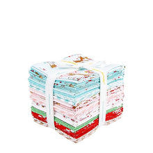 Load image into Gallery viewer, A fat quarter bundle showing a festive woodland pattern with light blue, aqua, pink, red, and white
