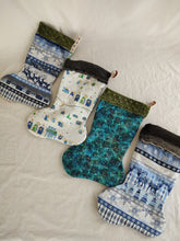 Load image into Gallery viewer, Bah hum Pug and kitty Silver and Blue stocking sewn by Pat
