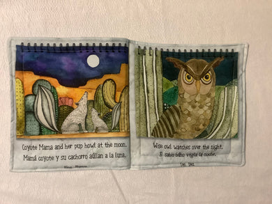Illustrated book with two pages showing a coyote and an owl against a night sky.