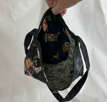 Load image into Gallery viewer, Black, gold, multicolor, and gray gusseted tote bag or iPad sleeve or purse, key fob and interior pocket
