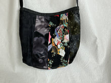 Load image into Gallery viewer, Black crossbody bag with colorful floral and abstract Japanese designs 
