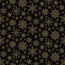 Load image into Gallery viewer, A seamless pattern of intricate gold snowflakes, stars, and dots on a solid black background.
