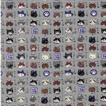 Load image into Gallery viewer, Pattern of cartoon cat faces and paw prints on a gray background
