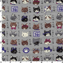 Load image into Gallery viewer, Pattern of cartoon cat faces with various accessories on a gray background with Japanese text.
