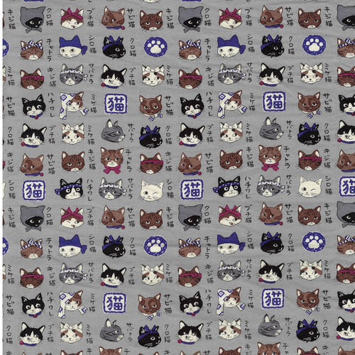 Pattern of cartoon cat faces and paw prints on a gray background