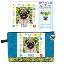 Load image into Gallery viewer, Pug-themed zipped pouch set with fabric art panel and zipper pull charm
