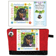 Dachshund-themed zipped pouch set with fabric art panel and zipper pull charm