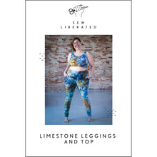 Load image into Gallery viewer, A sewing pattern cover for 'Sew Liberated' featuring a model wearing a blue, green, and gold tie-dye matching set with the text 'LIMESTONE LEGGGINGS AND TOP'.
