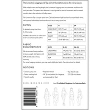 Load image into Gallery viewer, Back of the Sewliberated.com Limestone Leggings and Top knitting pattern, showing sizing information, fabric requirements, and a barcode on a white background.
