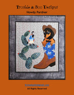 Quilt pattern featuring a dog in a cowboy hat and boots with a cactus on an orange background.