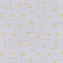 Load image into Gallery viewer, A close-up of a light gray woven fabric with a subtle basketweave texture, decorated with small scattered yellow floral motifs.
