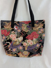 Load image into Gallery viewer, Black, gold, multicolor, and gray gusseted tote bag or iPad sleeve or purse, key fob and interior zipped pocket
