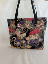 Load image into Gallery viewer, Black, gold, multicolor, and gray gusseted tote bag or iPad sleeve or purse, key fob and interior zipped pocket
