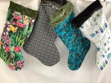 Load image into Gallery viewer, Bah hum Pug and kitty Silver and Blue stocking sewn by Pat
