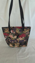 Load and play video in Gallery viewer, Black, gold, multicolor, and gray gusseted tote bag or iPad sleeve or purse, key fob and interior zipped pocket
