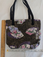 Load image into Gallery viewer, Black, gold, multicolor, gusseted tote bag or iPad sleeve or purse, key fob and interior pocket purple cranes
