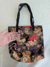 Load image into Gallery viewer, Black, gold, multicolor, and gray gusseted tote bag or iPad sleeve or purse, key fob and interior zipped pocket
