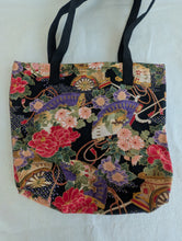 Load image into Gallery viewer, Black, gold, multicolor, and gray gusseted tote bag or iPad sleeve or purse, key fob and interior zipped pocket
