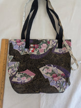 Load image into Gallery viewer, Black, gold, multicolor, gusseted tote bag or iPad sleeve or purse, key fob and interior pocket purple cranes
