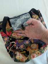 Load image into Gallery viewer, Black, gold, multicolor, and gray gusseted tote bag or iPad sleeve or purse, key fob and interior zipped pocket
